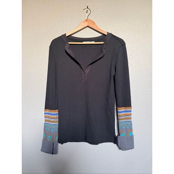 We The Free Mikah Notch Neck Top – Waffle Knit Henley w/ Patterned Sleeves – Siz - Picture 3 of 11